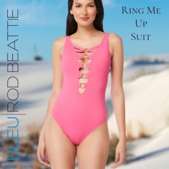 BLEU ROD BEATTIE ‘Ring Me Up’ Gold-Ring/Lattice Cutouts One Piece Swimsuit NWT - Picture 1 of 16